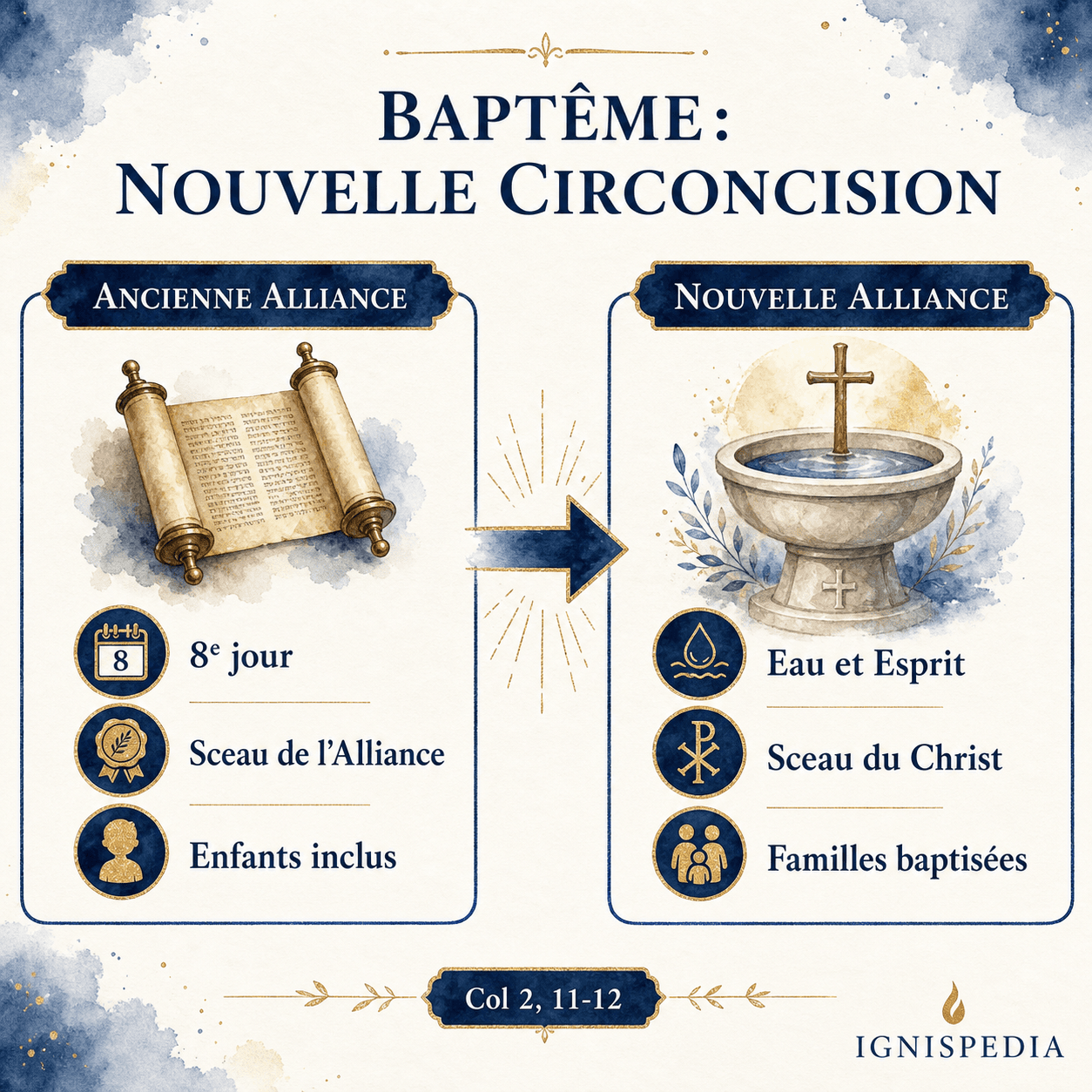Infographie comparant la circoncision (8e jour, sceau de l'Alliance, signe imposé aux nourrissons) et le baptême (nouvelle circoncision dans le Christ)