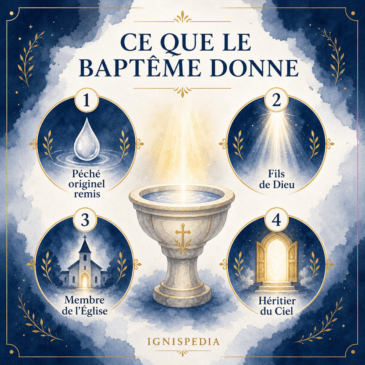 Infographie : ce que le baptême donne au nouveau-né — rémission du péché originel, filiation divine, entrée dans l'Église, héritage du Ciel