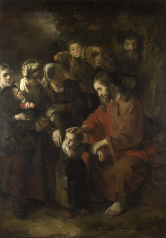 Jésus accueillant et bénissant les petits enfants que ses disciples voulaient écarter