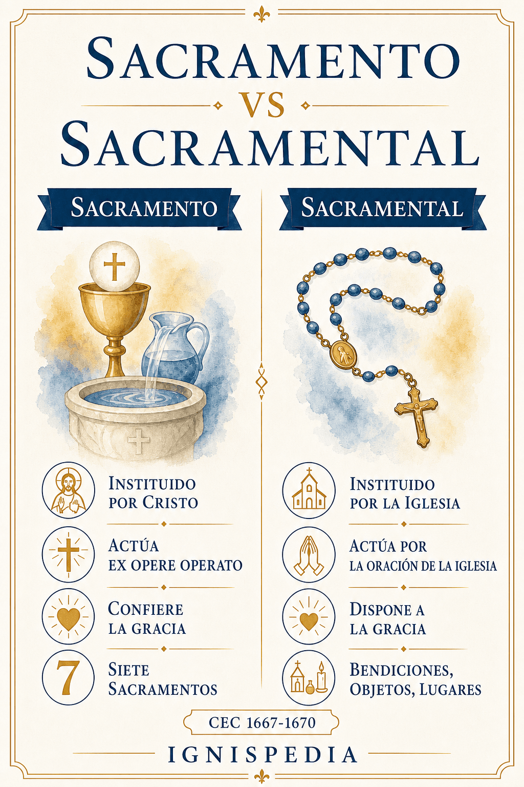 Infografía que compara sacramento y sacramental: institución, modo de acción y efecto