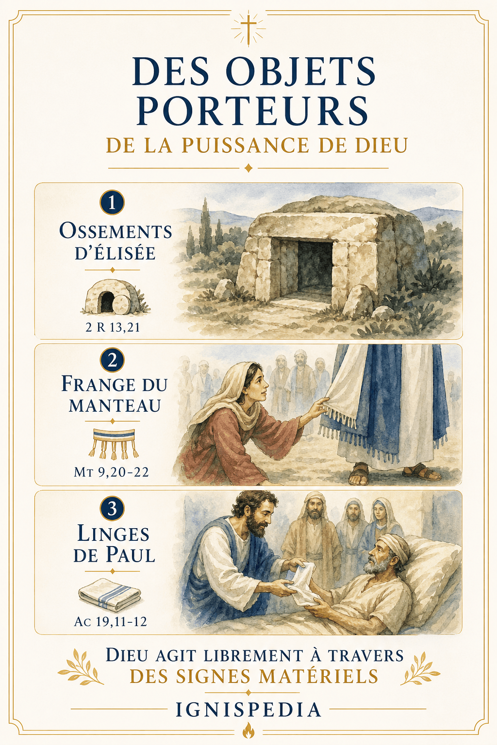 Biblische Infografik: Gebeine Elischas, Quaste des Gewandes Jesu, Tücher des heiligen Paulus