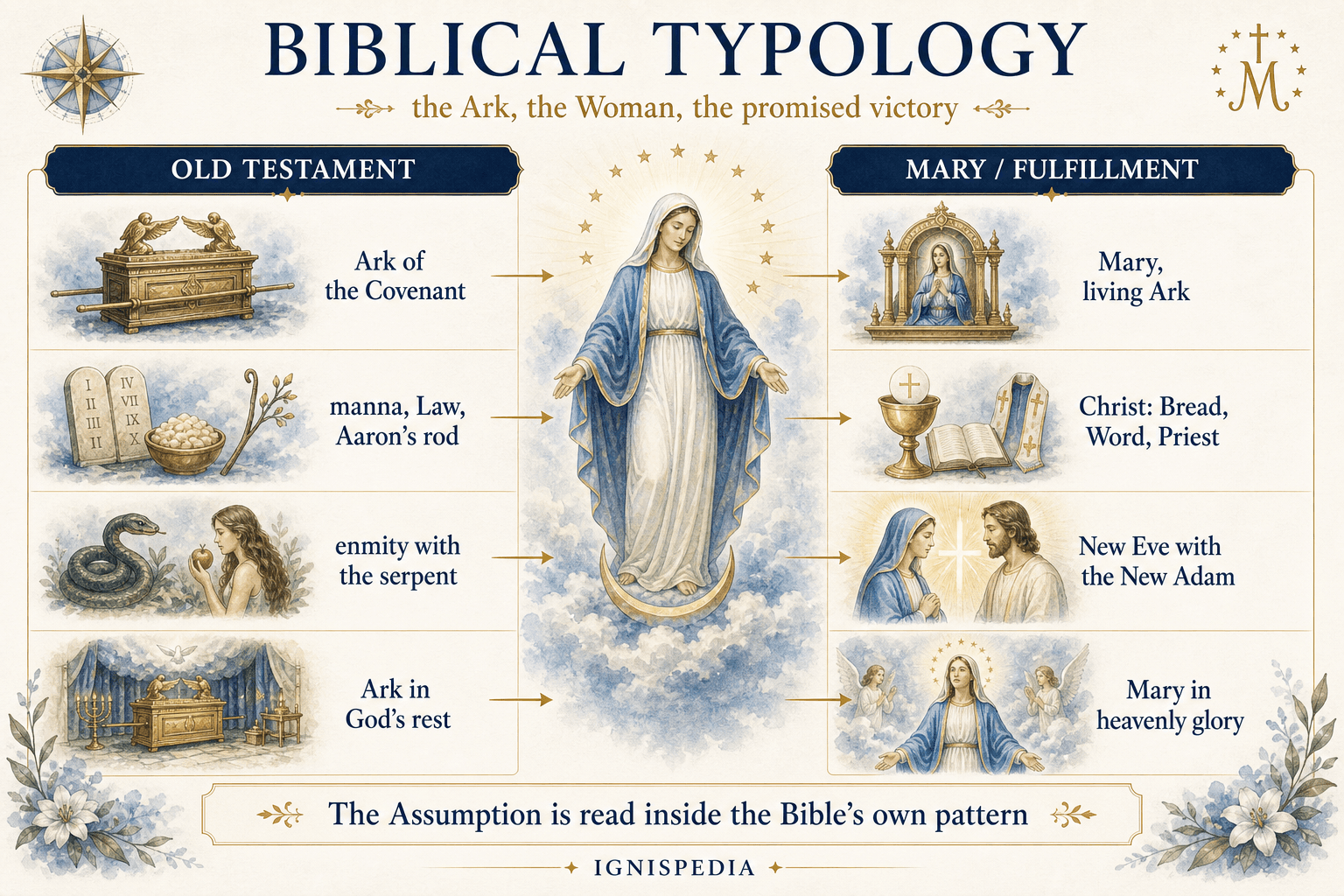 Infographic of biblical typology linking Eve, the Ark of the Covenant and the Woman of Revelation to Mary