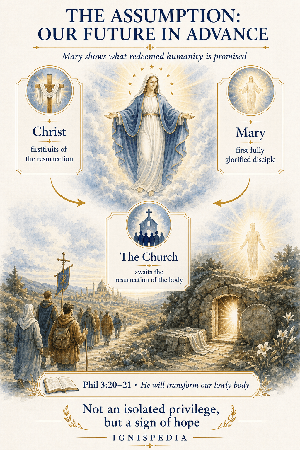 Infographic presenting the Assumption as an anticipation of the final resurrection