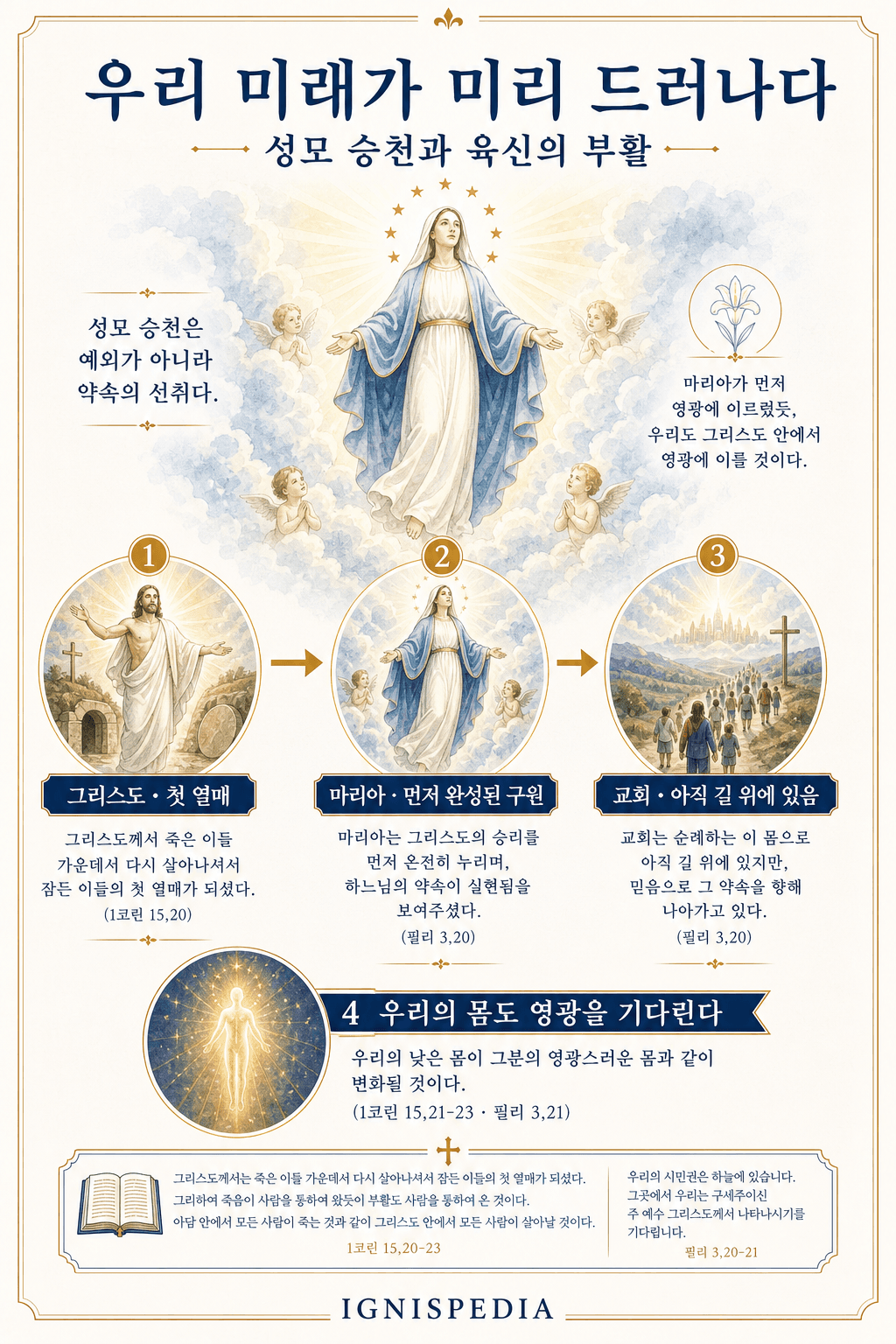최종 부활의 예고로서 성모 승천을 보여주는 인포그래픽