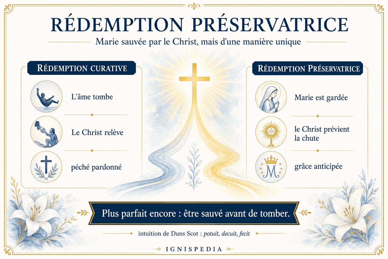 Infographie comparant la rédemption curative et la rédemption préservatrice de Marie