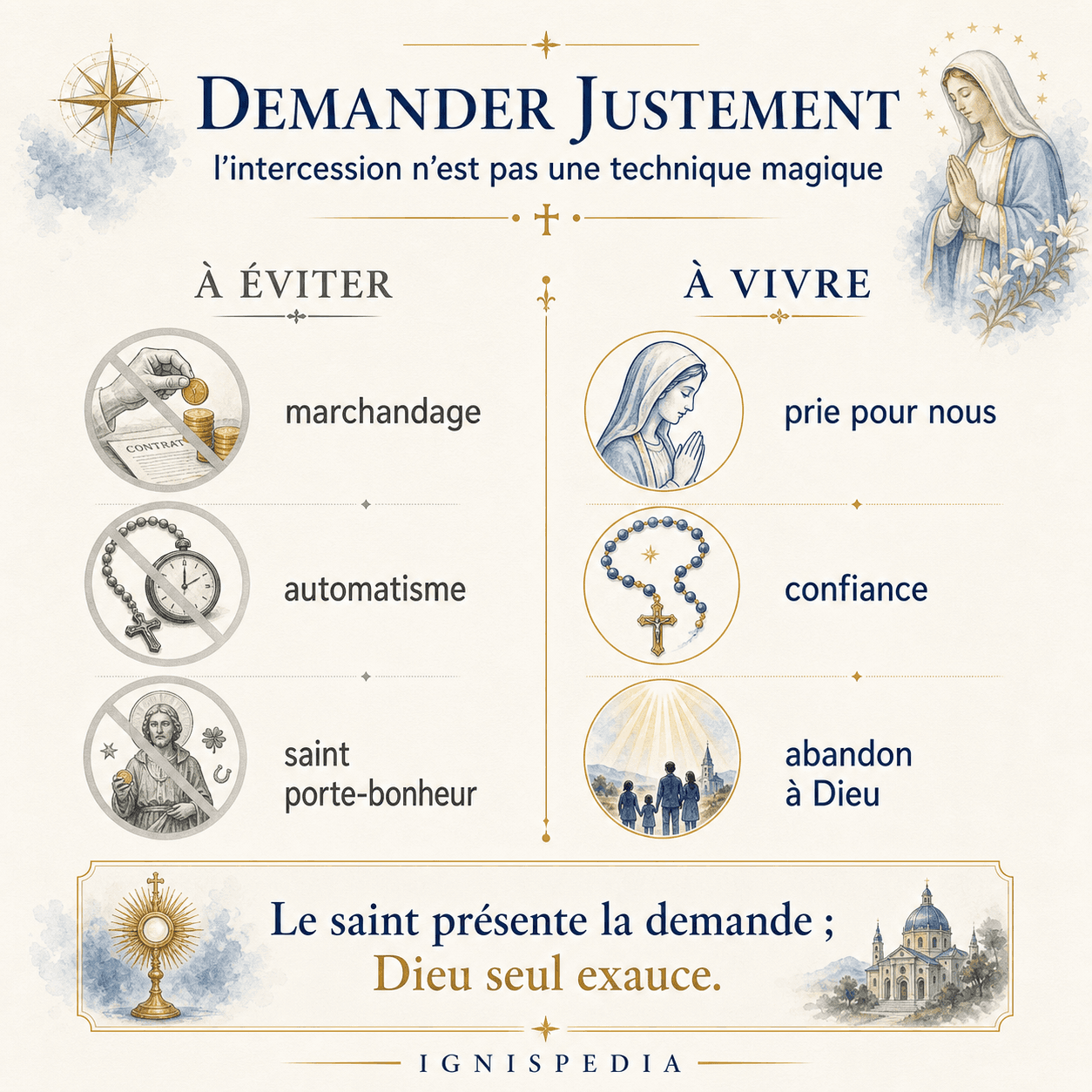 Infographie distinguant ce qu'il faut éviter dans l'intercession des saints, comme le marchandage ou l'automatisme, et ce qu'il faut vivre : prière, confiance et abandon à Dieu.