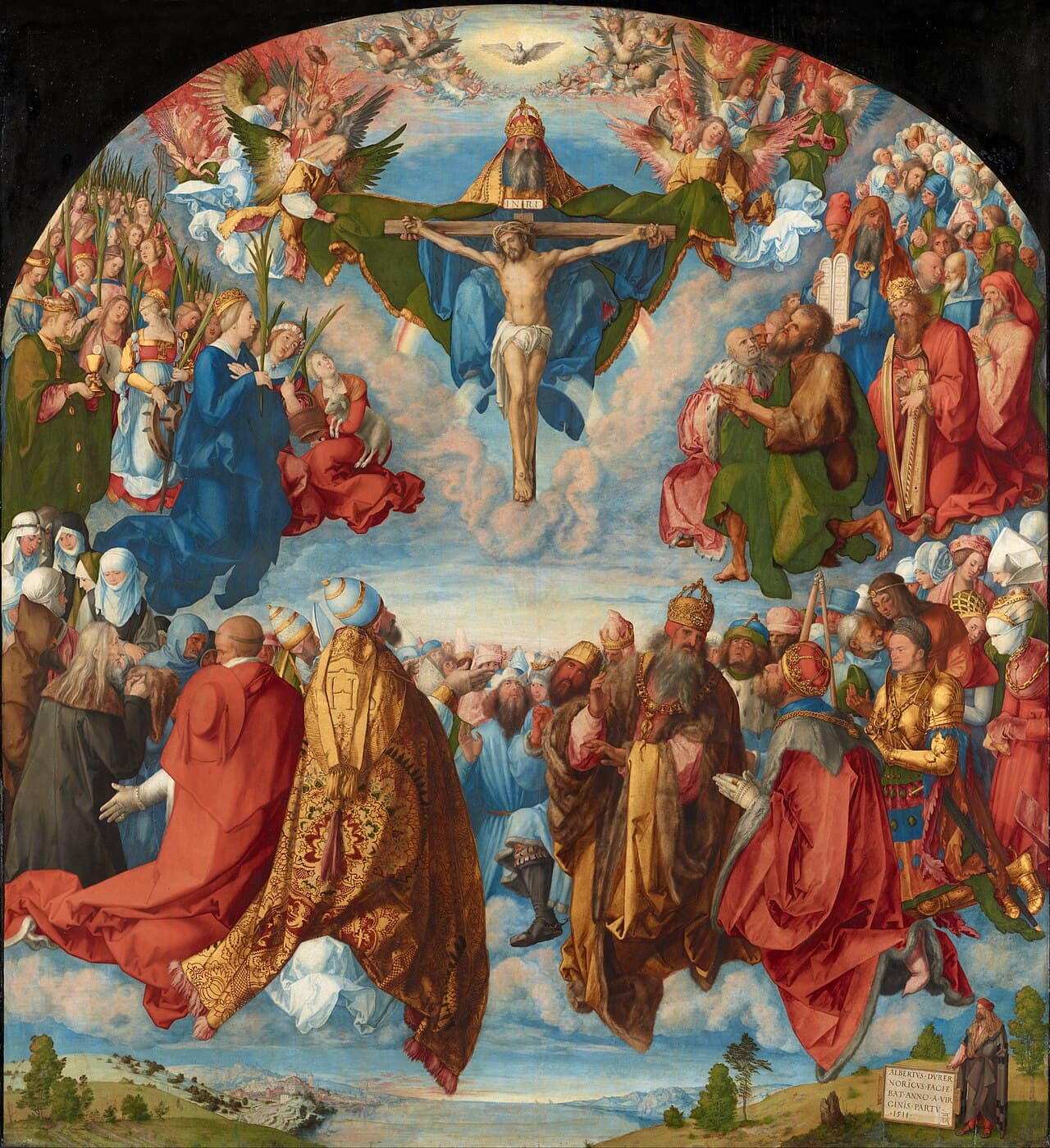 La Vierge et les saints présentant les prières des fidèles au Christ — détail d'un retable de la Toussaint, domaine public, Wikimedia Commons.
