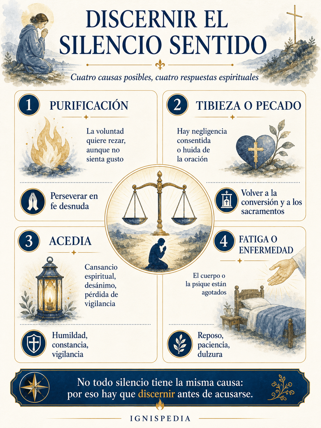 Infografía: cuatro causas posibles del silencio sentido — purificación, tibieza, acedia y fatiga — con la respuesta espiritual adaptada