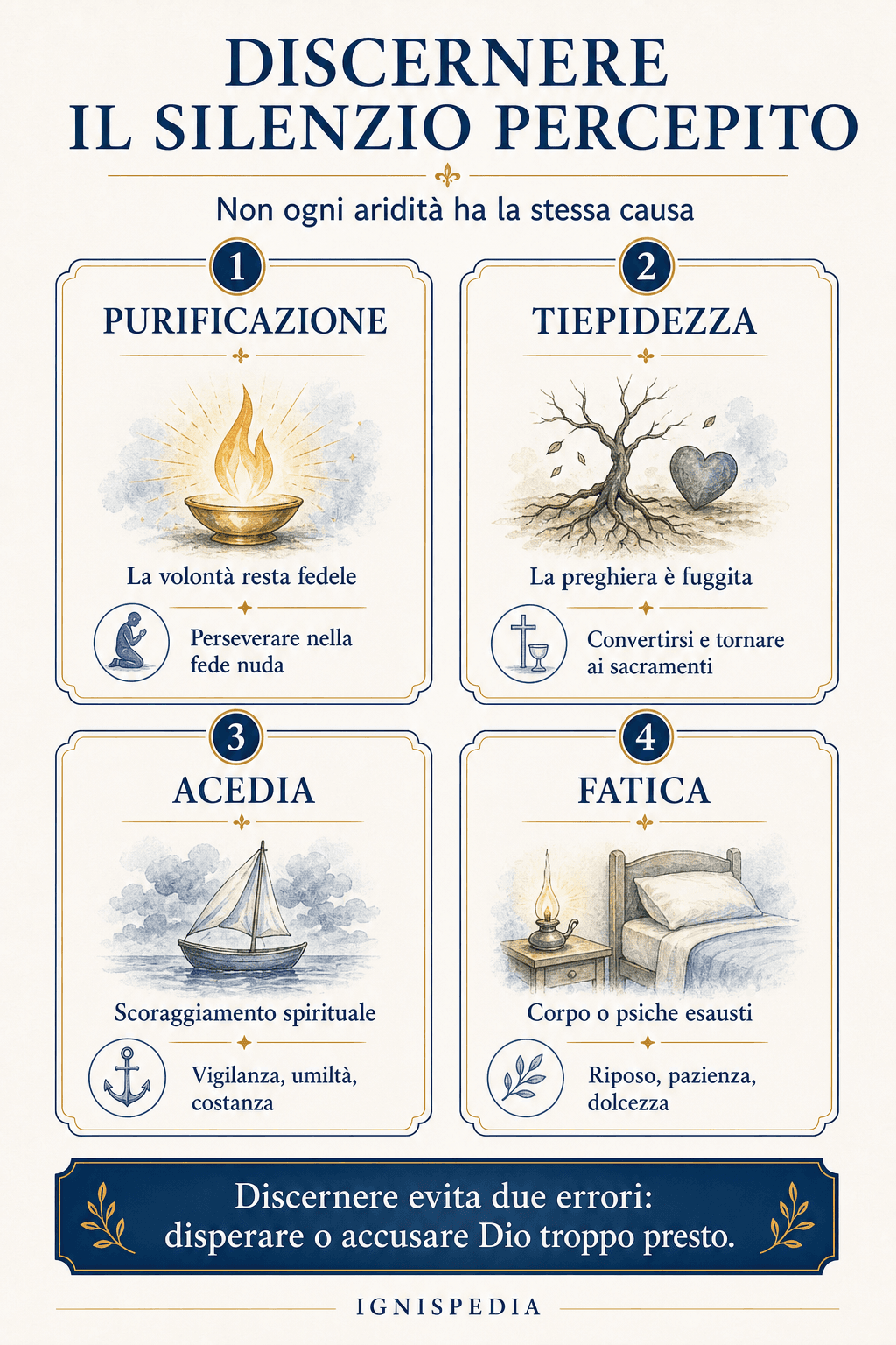 Infografia: quattro cause possibili del silenzio percepito — purificazione, tiepidezza, acedia e fatica — con la condotta spirituale adatta