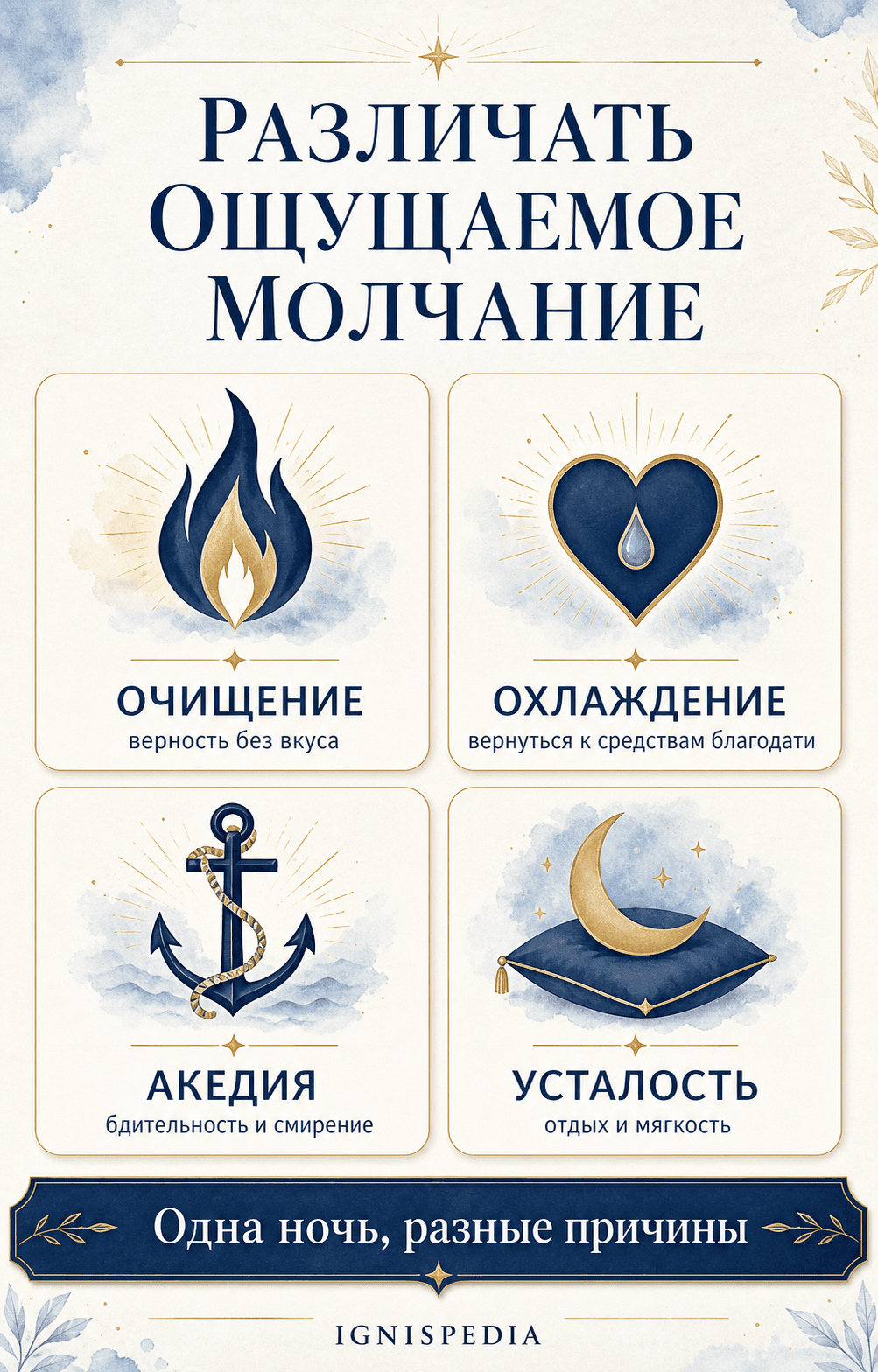 Инфографика: четыре возможные причины ощущаемого молчания — очищение, охлаждение, акедия и усталость — и соответствующий духовный ответ