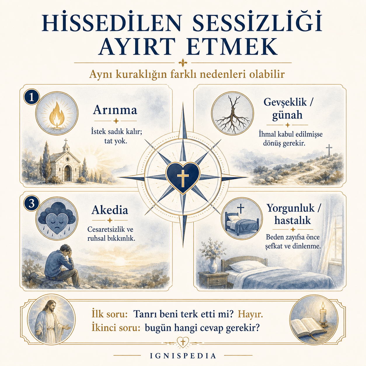 İnfografik: hissedilen sessizliğin dört olası nedeni — arınma, gevşeklik, akedia ve yorgunluk — ve uygun ruhani cevap
