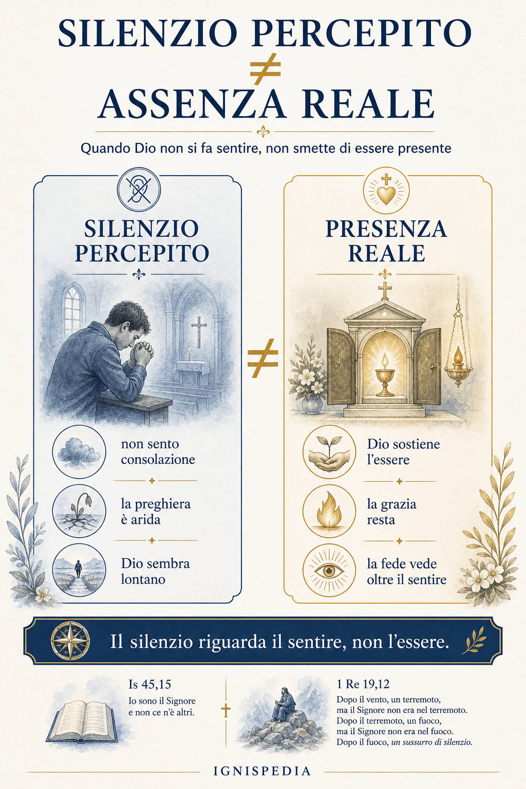 Infografia: differenza tra il silenzio percepito di Dio, quando non si fa più sentire, e l'assenza reale, che la fede dichiara impossibile