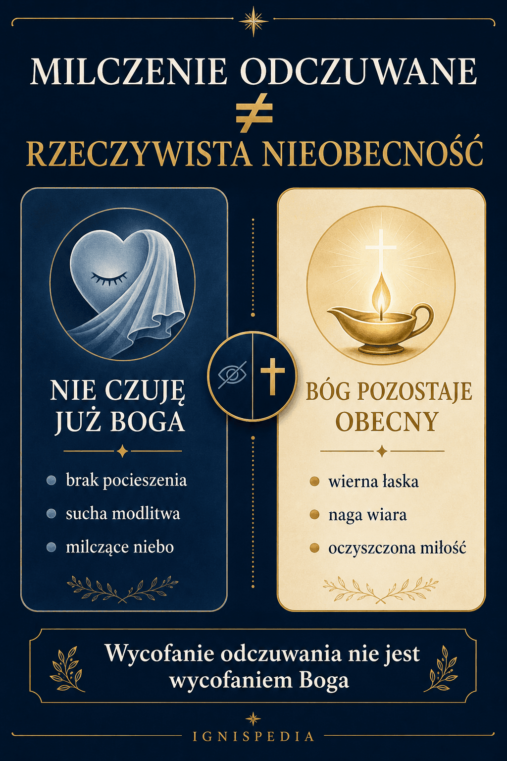 Infografika: różnica między odczuwanym milczeniem Boga (Bóg przestaje dawać się odczuć) a rzeczywistą nieobecnością (Boga miałoby już nie być), którą wiara uznaje za niemożliwą