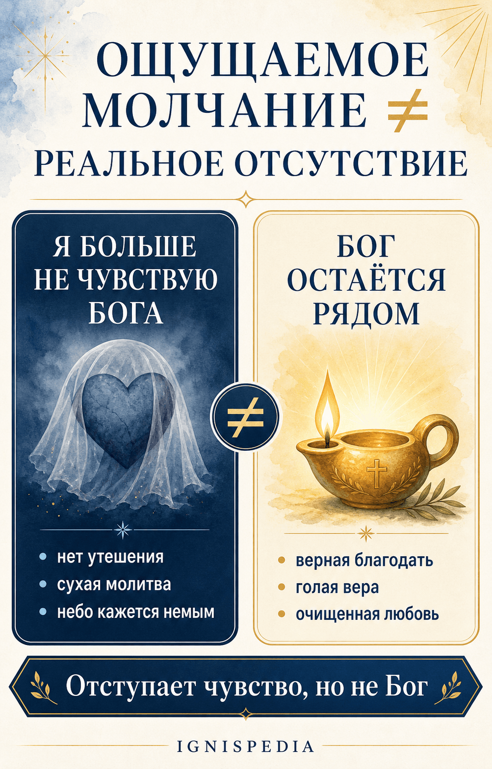 Инфографика: различие между ощущаемым молчанием Бога, когда человек больше не чувствует Его присутствия, и реальным отсутствием, которое вера считает невозможным