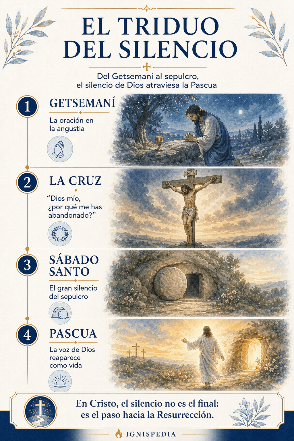 Infografía: el silencio de Dios en el corazón del Triduo pascual — la agonía de Getsemaní, el grito de la Cruz, el gran silencio del Sábado Santo y el alba de la Resurrección
