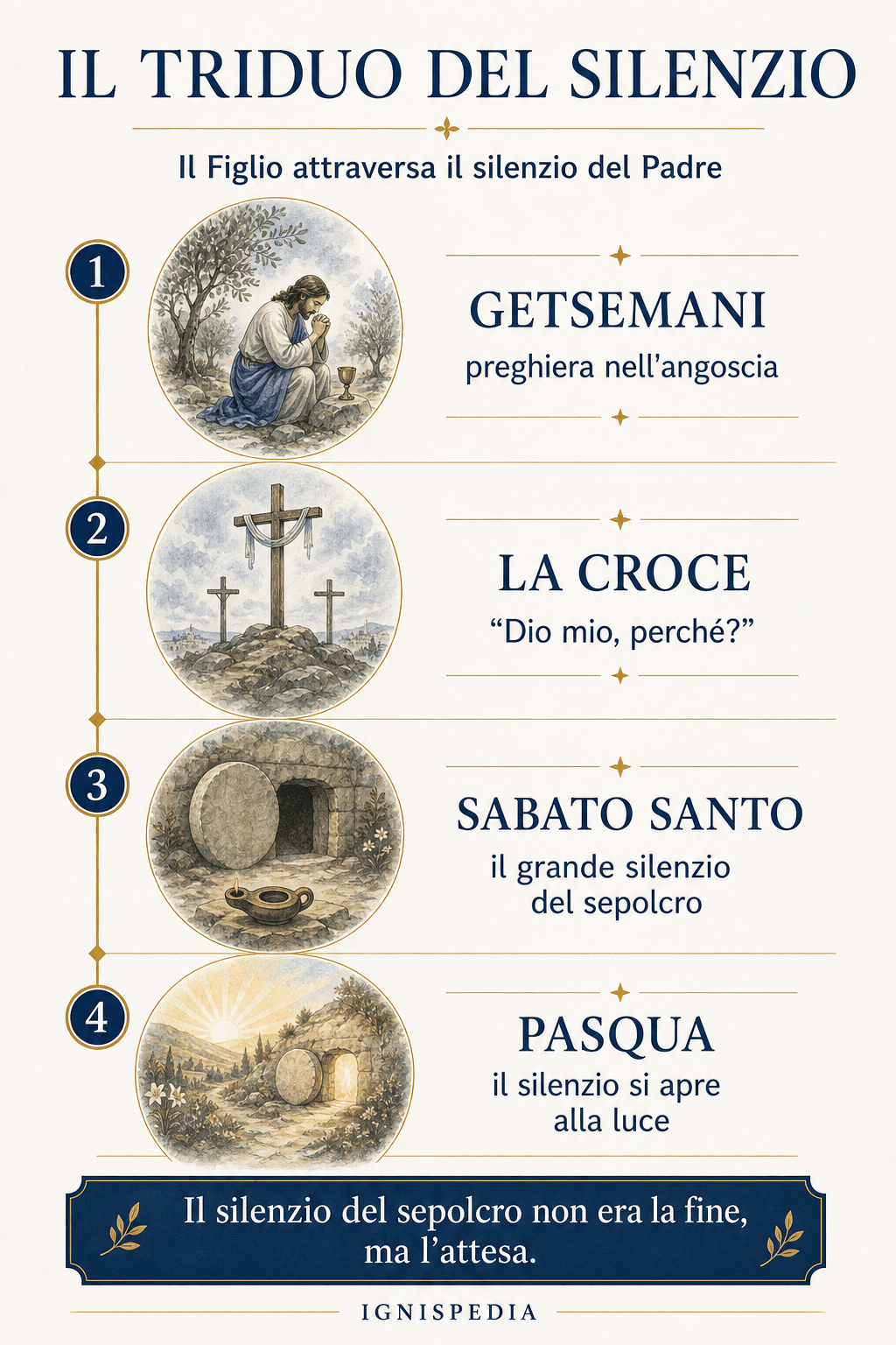 Infografia: il silenzio di Dio al cuore del Triduo pasquale — l'agonia del Getsemani, il grido della Croce, il grande silenzio del Sabato Santo, l'alba della Risurrezione