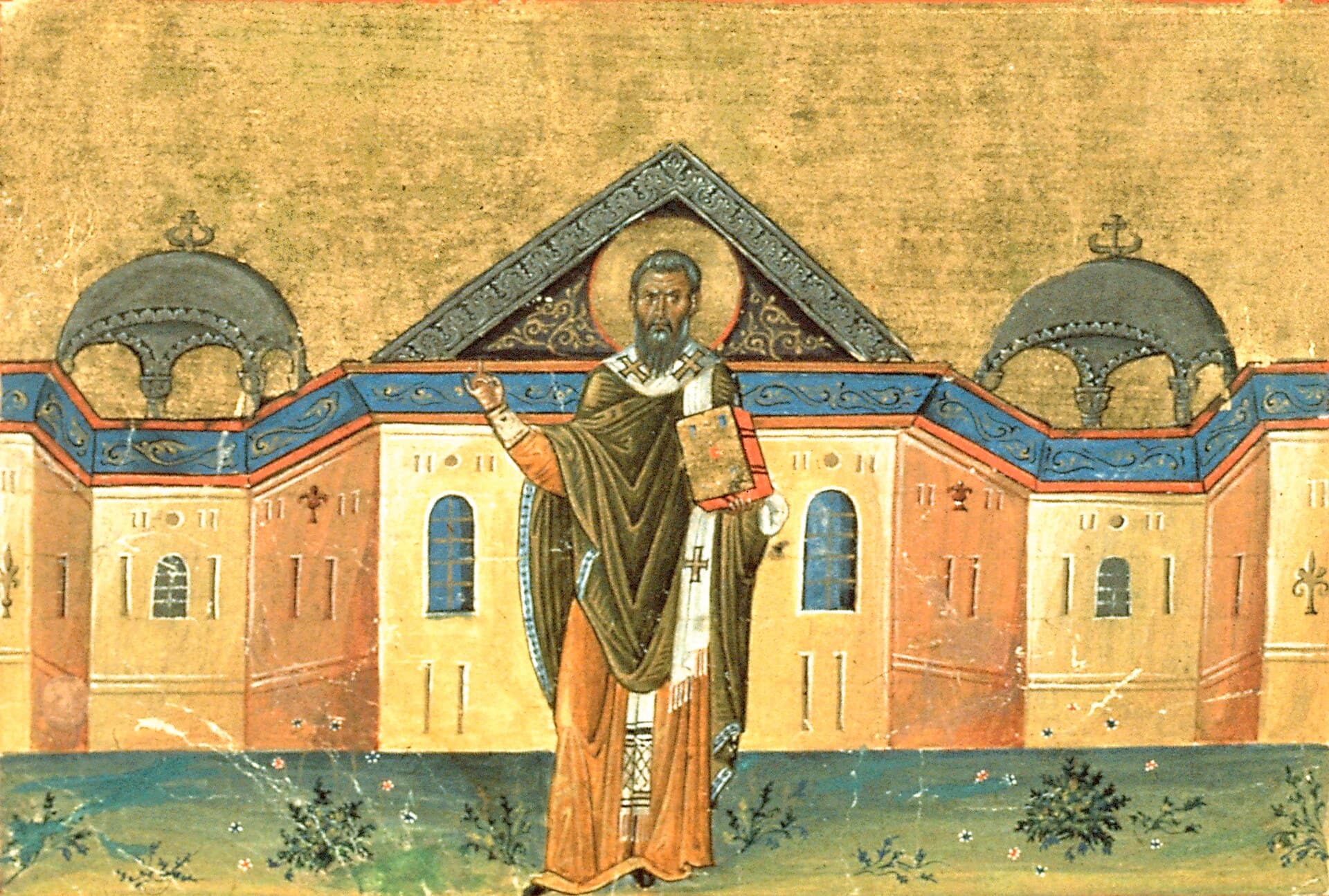 São Gregório de Nissa como bispo aureolado, abençoando e com o livro dos Evangelhos (Menológio de Basílio II, c. 985)