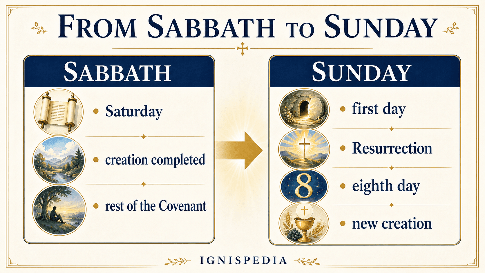 Infographic of the five faces of Sunday according to Dies Domini: dies Domini, dies Christi, dies Ecclesiae, dies hominis and dies dierum.