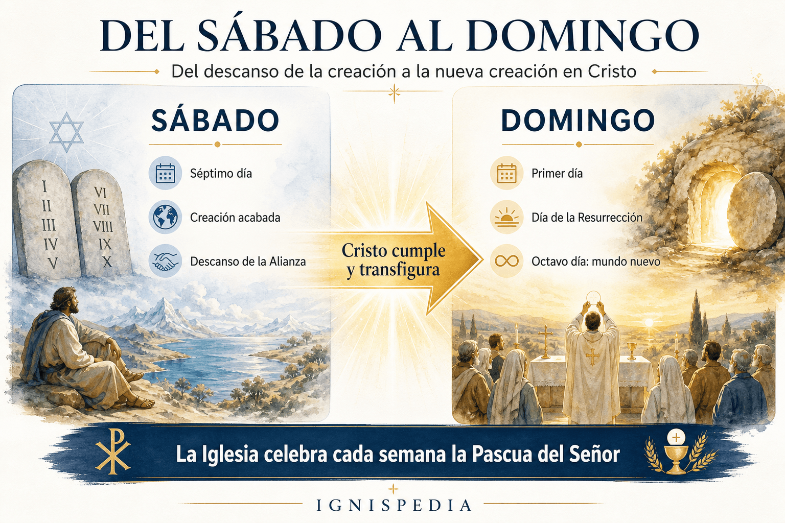 Infografía que compara el sábado, día de la creación acabada y del descanso de la Alianza, con el domingo, primer y octavo día de la Resurrección y de la nueva creación.