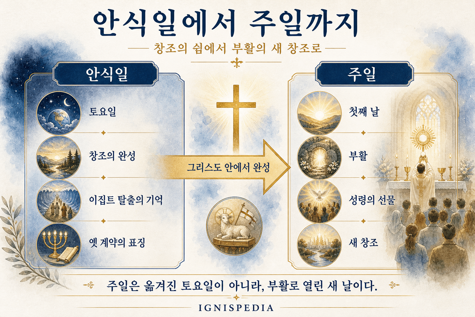 창조의 완성과 계약의 쉼인 토요일 안식일과, 부활과 새 창조의 첫째 날이자 여덟째 날인 주일을 비교하는 인포그래픽.