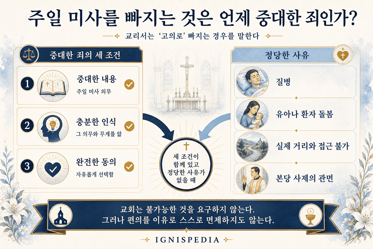 주일 미사 결석이 중대한 죄가 되는 세 조건과 질병, 유아 돌봄, 실제 거리, 관면 같은 정당한 사유를 설명하는 인포그래픽.