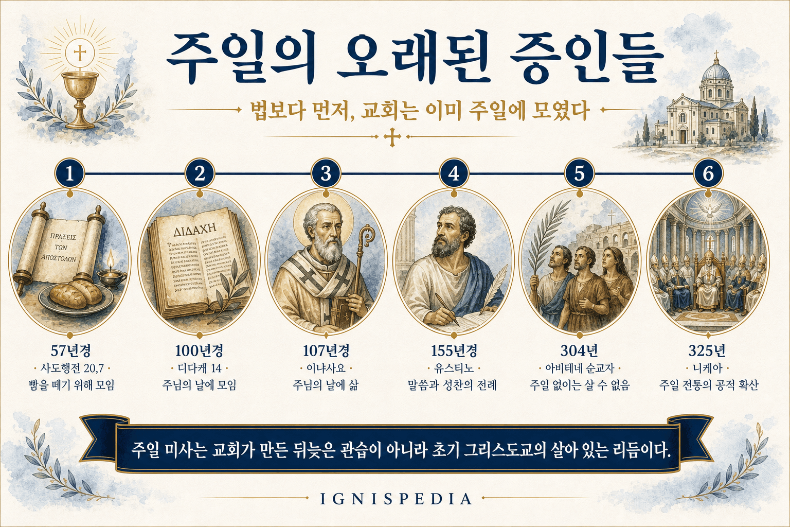 사도행전 20장, 디다케, 안티오키아의 이냐시오, 순교자 유스티노, 아비테네 순교자로 이어지는 주일의 증언들을 보여 주는 연표 인포그래픽.