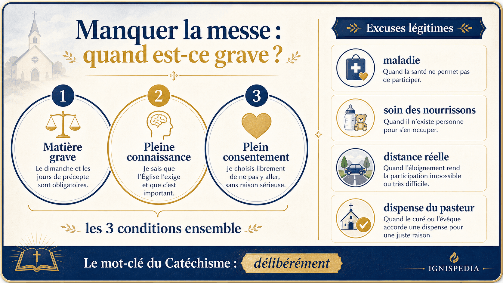 Infografia que explica as três condições do pecado mortal aplicadas à falta à missa, com as desculpas legítimas como doença, cuidado de bebés, distância real e dispensa.