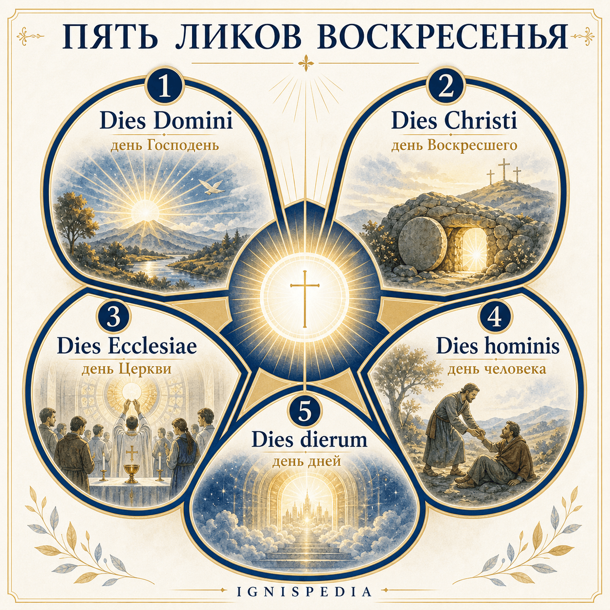 Инфография пяти ликов воскресенья согласно Dies Domini: dies Domini, dies Christi, dies Ecclesiae, dies hominis и dies dierum.