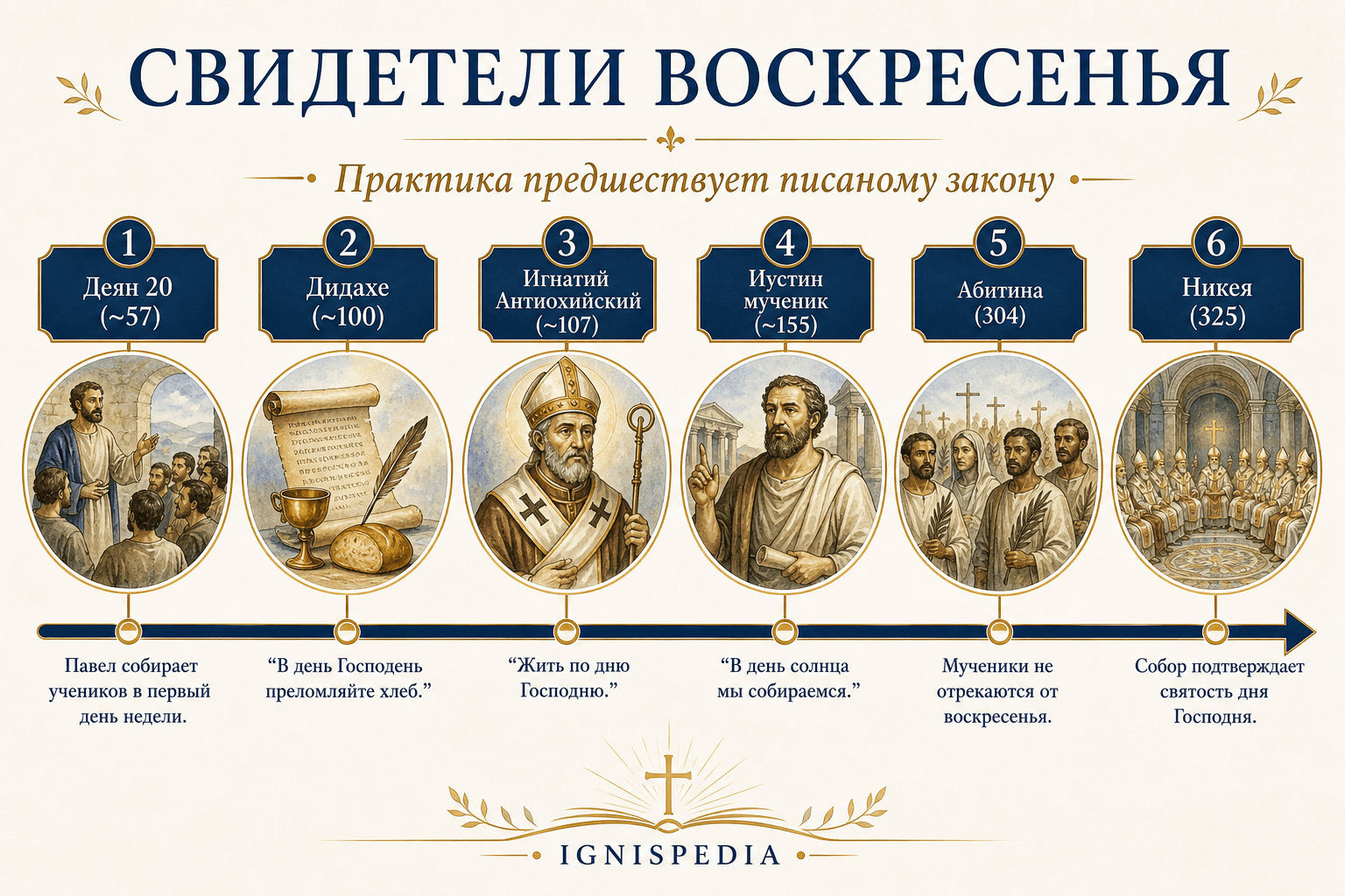 Хронологическая лента свидетелей воскресенья: Деяния 20, Дидахе, Игнатий Антиохийский, Иустин мученик и мученики Абитины.