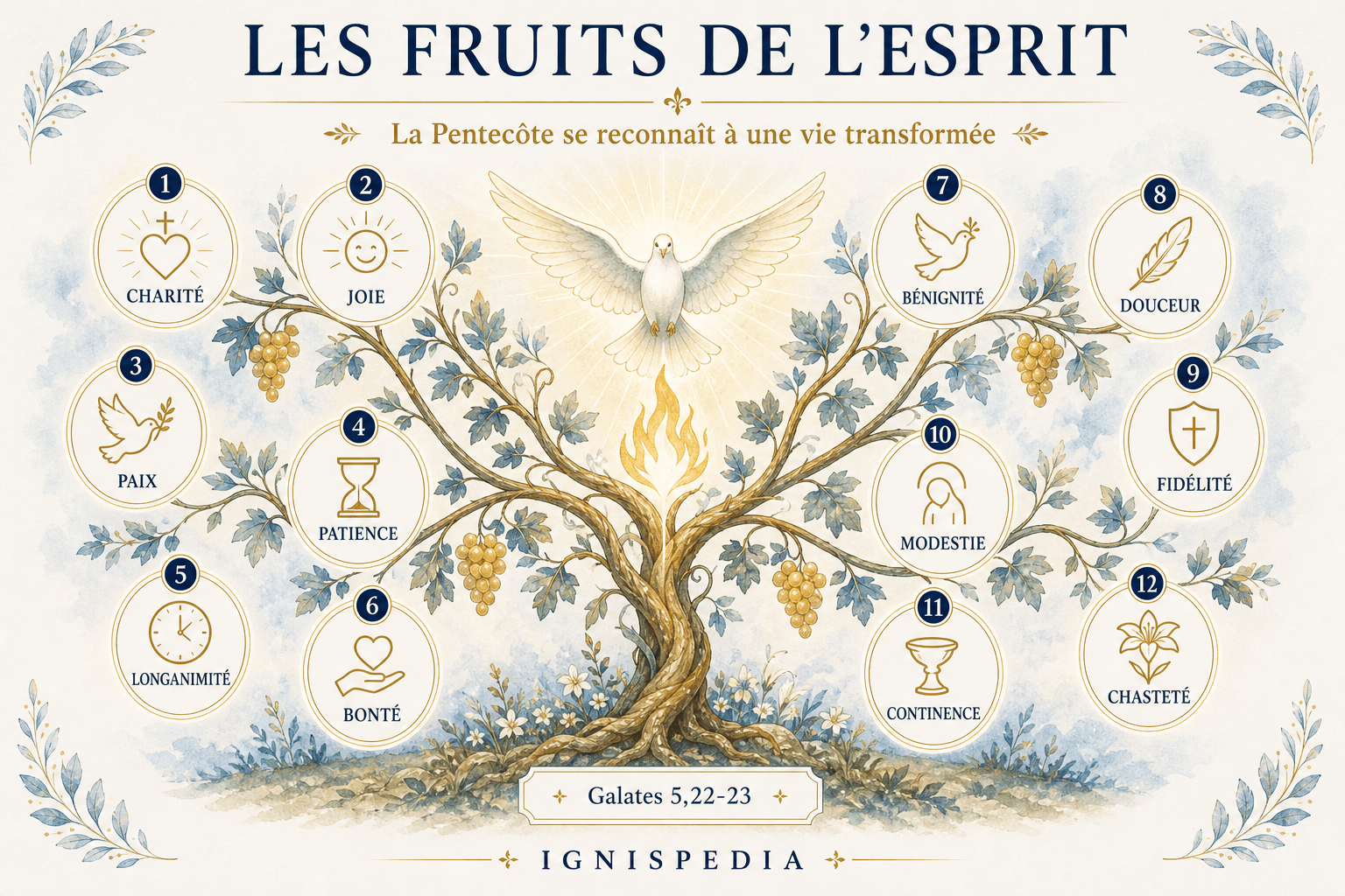 Baum der Früchte des Geistes nach Galater 5: Liebe, Freude, Friede, Geduld, Langmut, Güte, Güte, Sanftmut, Treue, Bescheidenheit, Enthaltsamkeit und Keuschheit