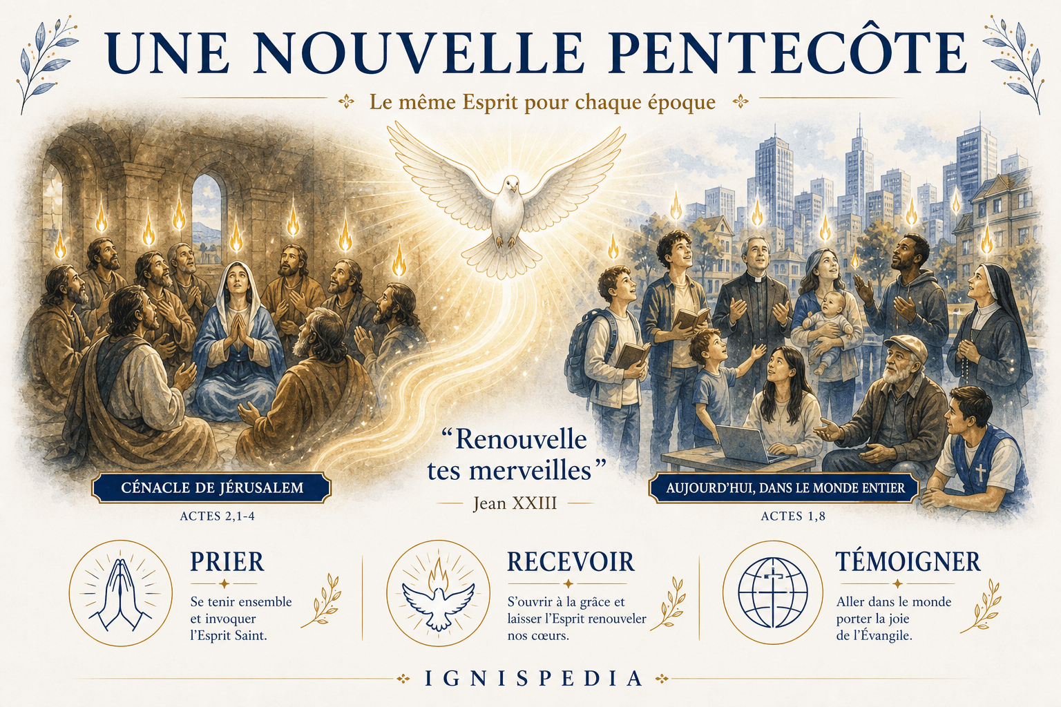 Schema eines neuen Pfingsten: derselbe Geist verbindet den Abendmahlssaal von Jerusalem und die Kirche von heute in Gebet, Empfang und Zeugnis