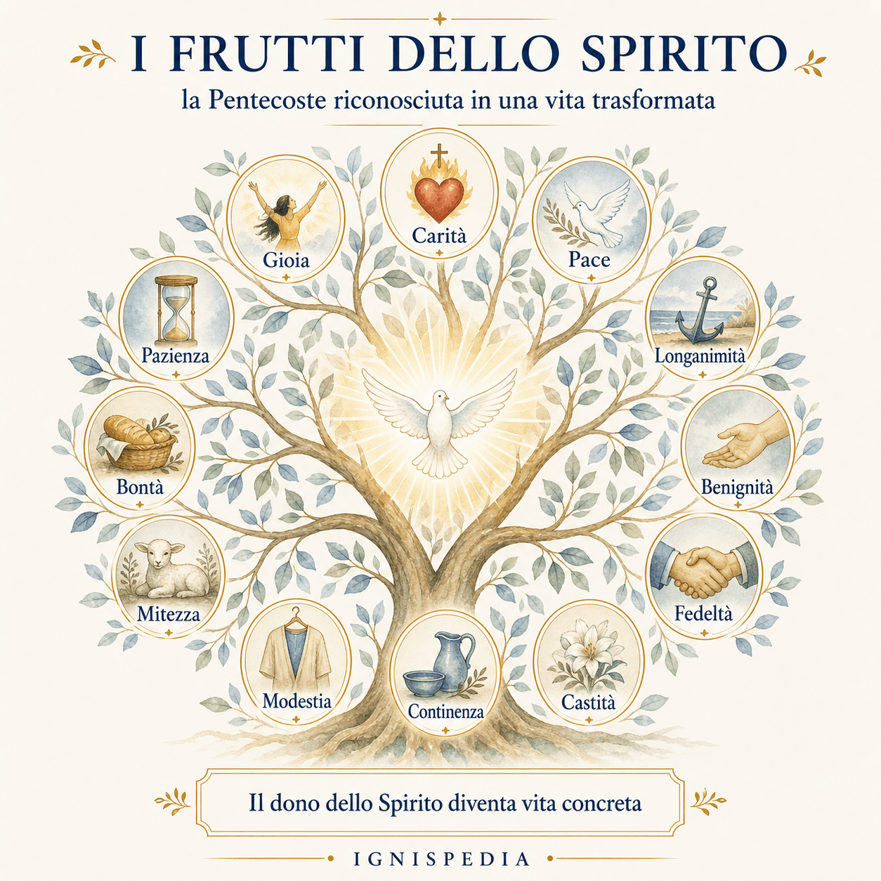 Albero dei frutti dello Spirito secondo Galati 5: carità, gioia, pace, pazienza, longanimità, bontà, benignità, mitezza, fedeltà, modestia, continenza e castità