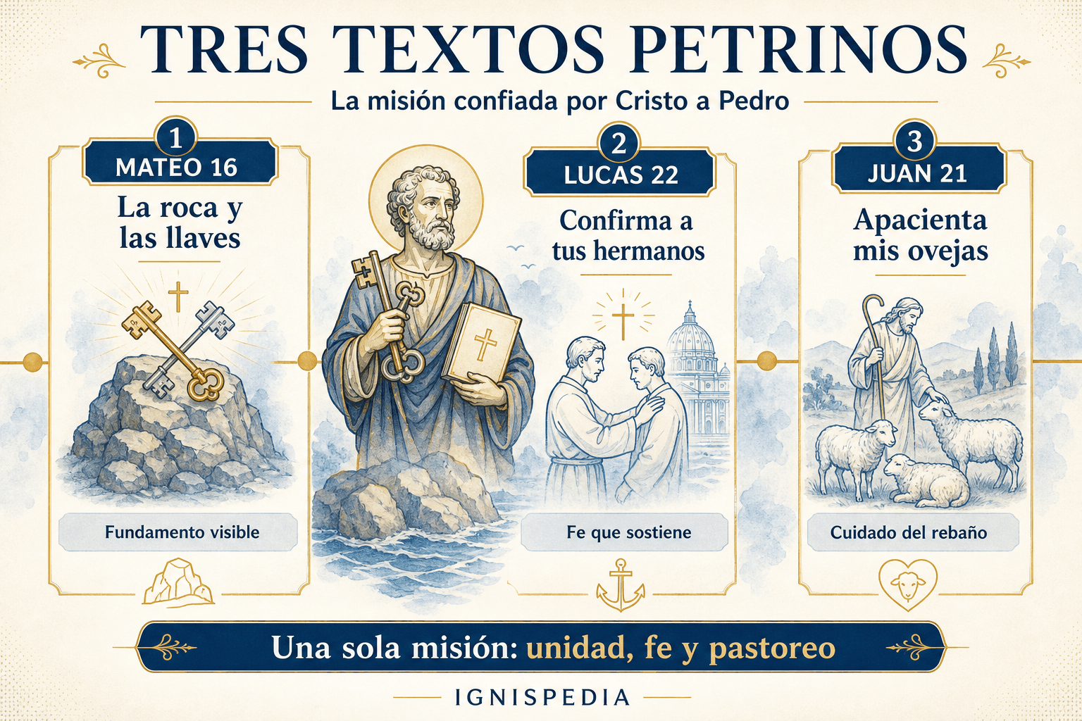 Infografía — los tres grandes textos petrinos: Mateo 16, Lucas 22, Juan 21