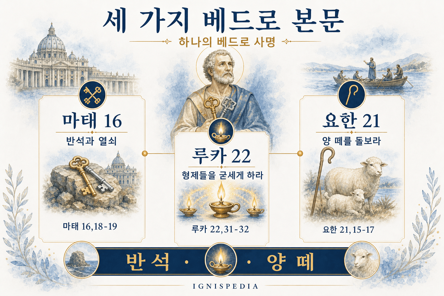 인포그래픽 — 세 가지 주요 베드로 본문: 마태오 16장, 루카 22장, 요한 21장