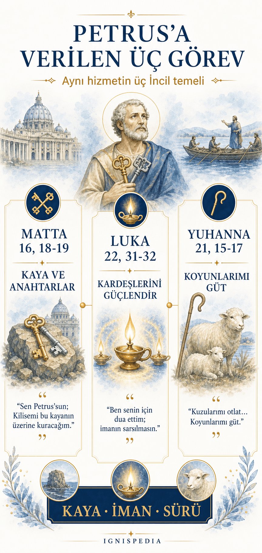 İnfografik — üç büyük Petrus metni: Matta 16, Luka 22, Yuhanna 21