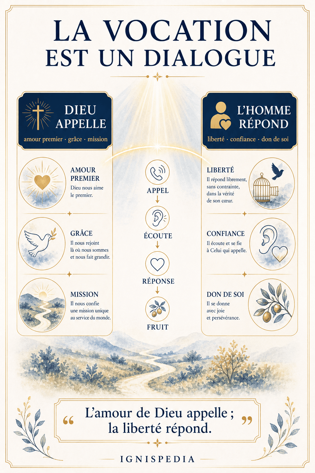 Schema des Dialogs der Berufung: Gott ruft, der Mensch antwortet frei (Infografik auf Französisch)