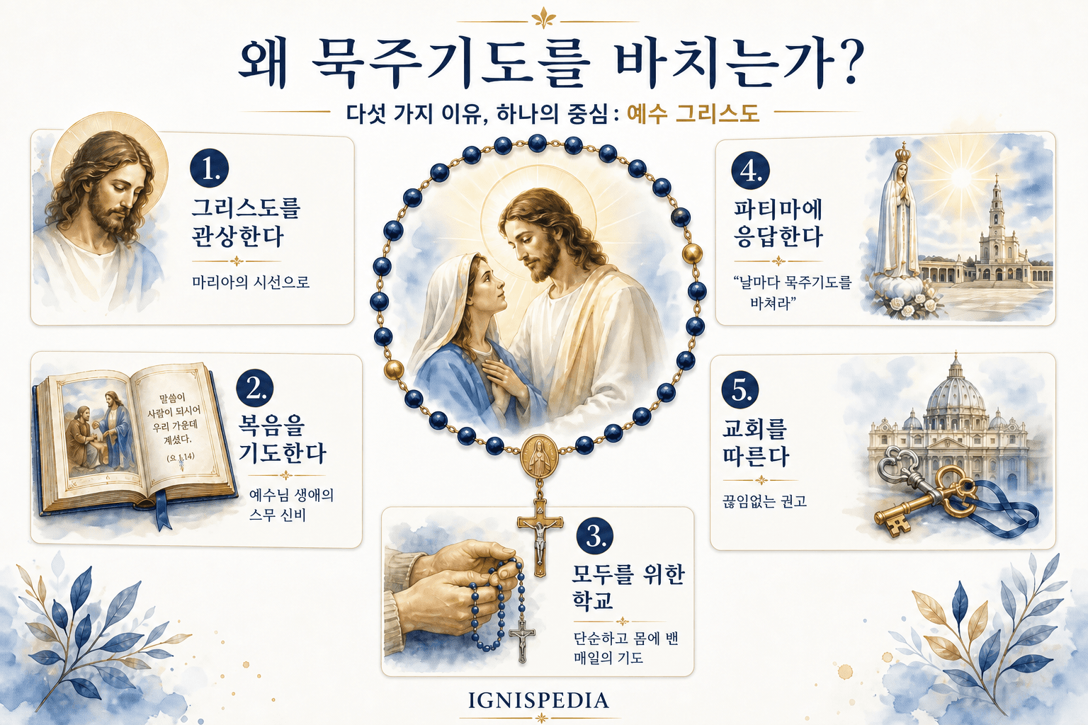 묵주기도를 바치는 다섯 가지 이유를 보여주는 인포그래픽: 마리아와 함께 그리스도를 묵상하기, 복음의 요약, 모두가 할 수 있는 기도, 파티마에서의 마리아의 요청, 교회의 지속적인 권고.