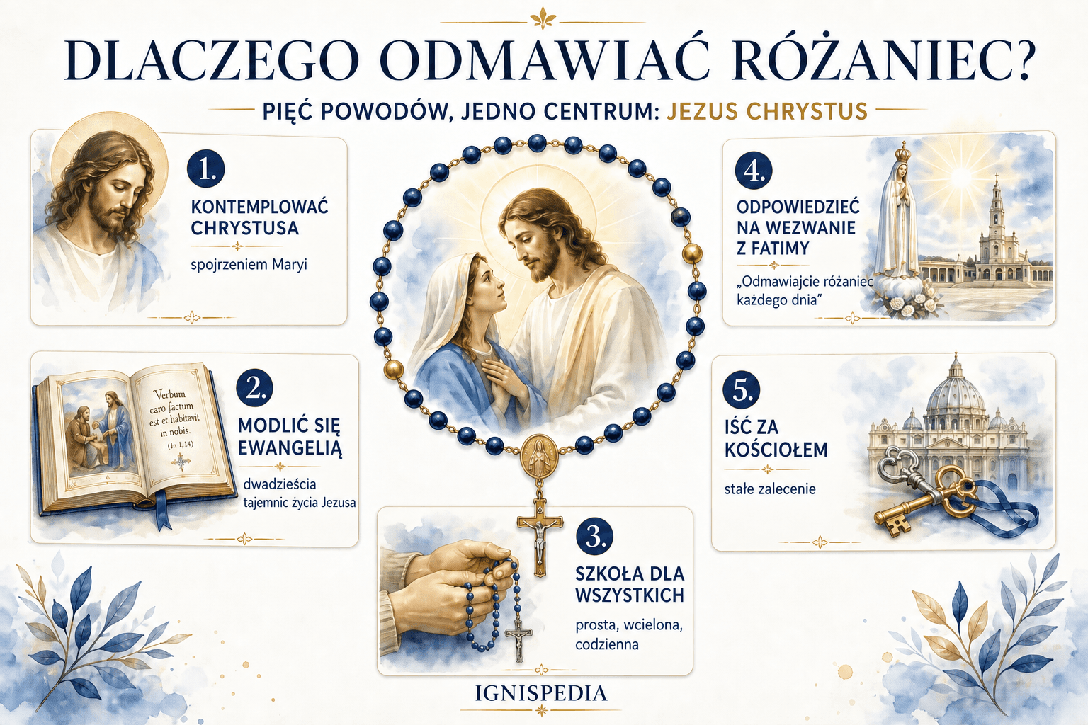 Infografika przedstawiająca pięć powodów odmawiania różańca: kontemplację Chrystusa z Maryją, modlitwę Ewangelią, szkołę dla wszystkich, wezwanie z Fatimy i zalecenie Kościoła.