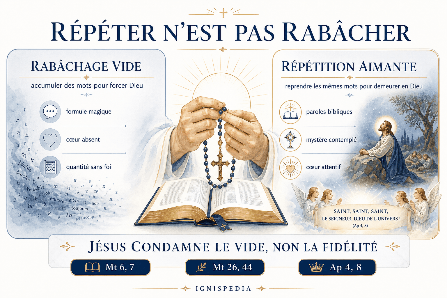 Infografia que distingue a tagarelice vazia condenada por Jesus da repetição amorosa e meditativa do rosário.