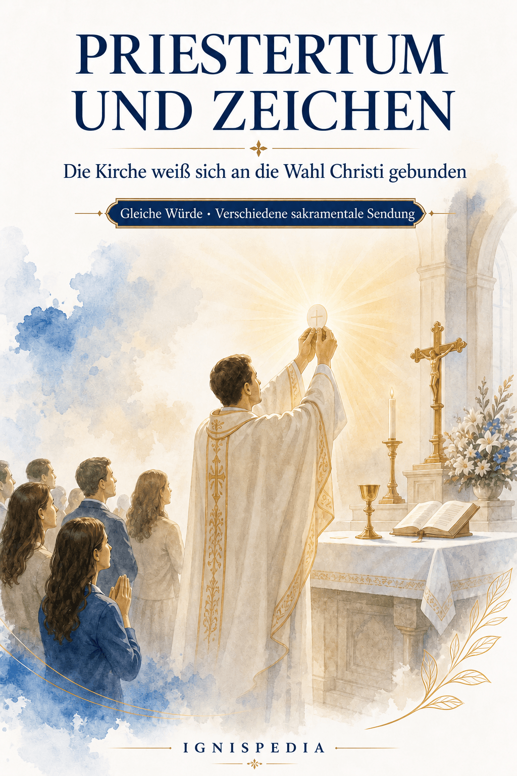 Ein Priester erhebt die Hostie am Altar, sanfte Aquarellillustration