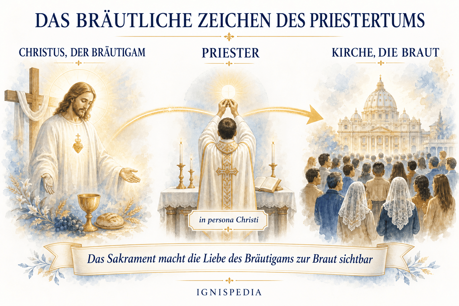 Bräutliches Schema: Christus der Bräutigam, vertreten durch den Priester, gegenüber der Kirche, seiner Braut