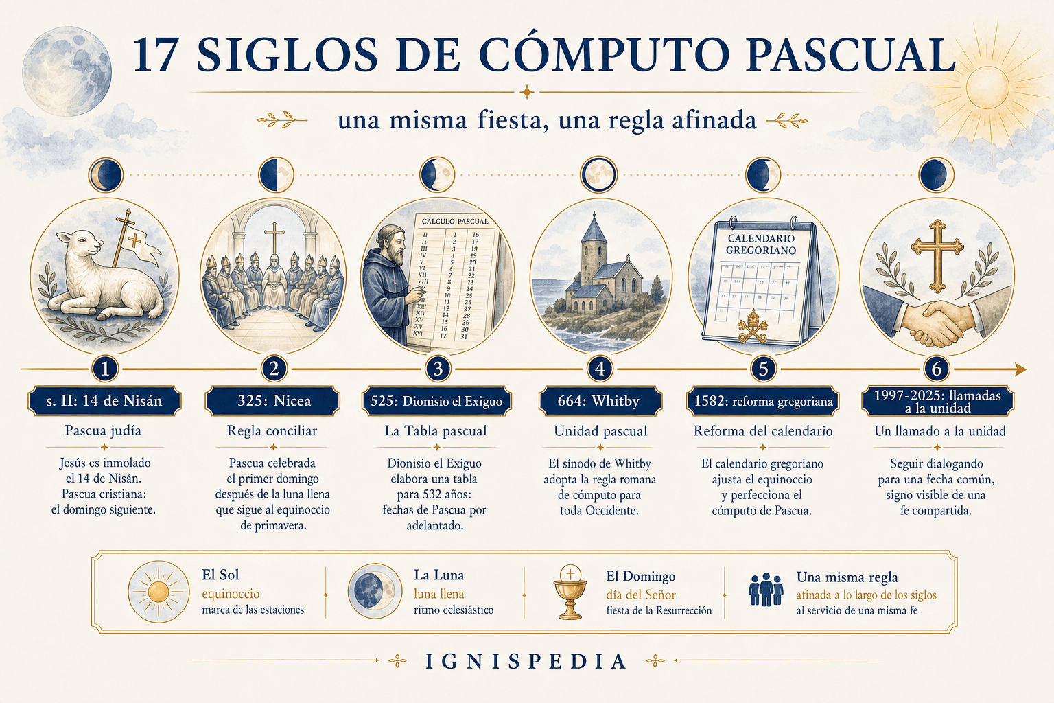 Infografía Ignispedia que recorre diecisiete siglos de cómputo pascual: 14 de Nisán, Nicea, Dionisio el Exiguo, Whitby, Gregorio XIII y las llamadas recientes a la unidad