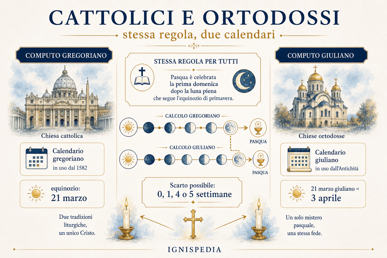 Infografica Ignispedia che confronta il computo gregoriano e il computo giuliano ortodosso: equinozio spostato di tredici giorni e tavole lunari diverse