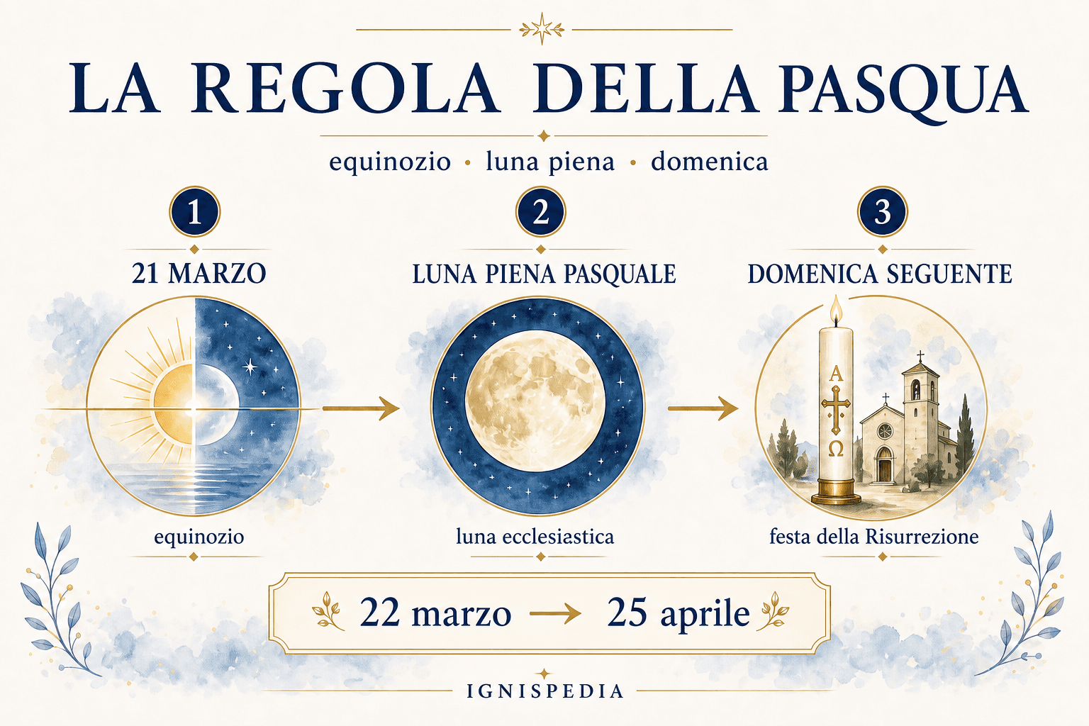 Infografica Ignispedia che mostra la regola della Pasqua: l’equinozio del 21 marzo, poi la prima luna piena ecclesiastica, poi la prima domenica seguente