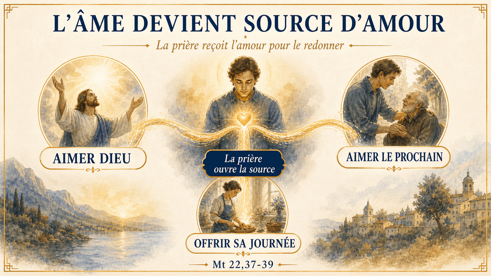 Infographie montrant l'âme qui se recharge auprès de Dieu, source d'amour, pour donner la charité