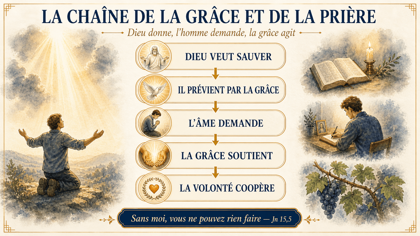 Infographie montrant la chaîne théologique entre appel de Dieu, grâce prévenante, prière, secours divin et fruit spirituel