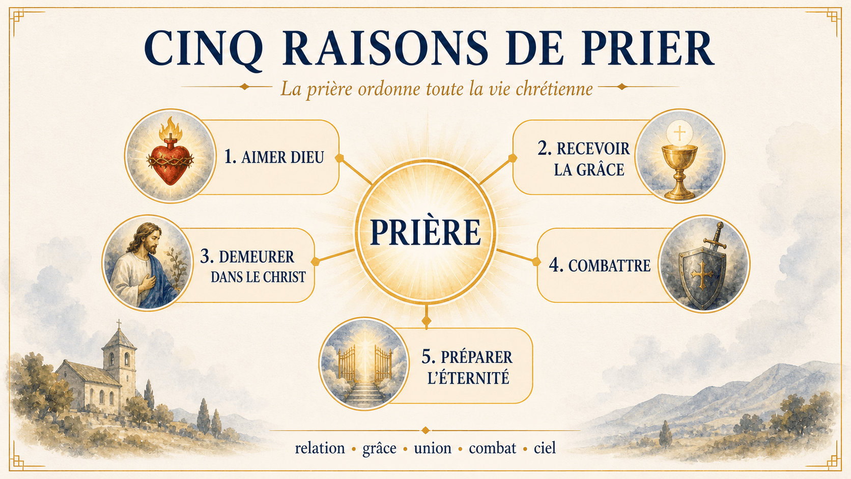 Infographie synthétique présentant cinq raisons de prier chaque jour