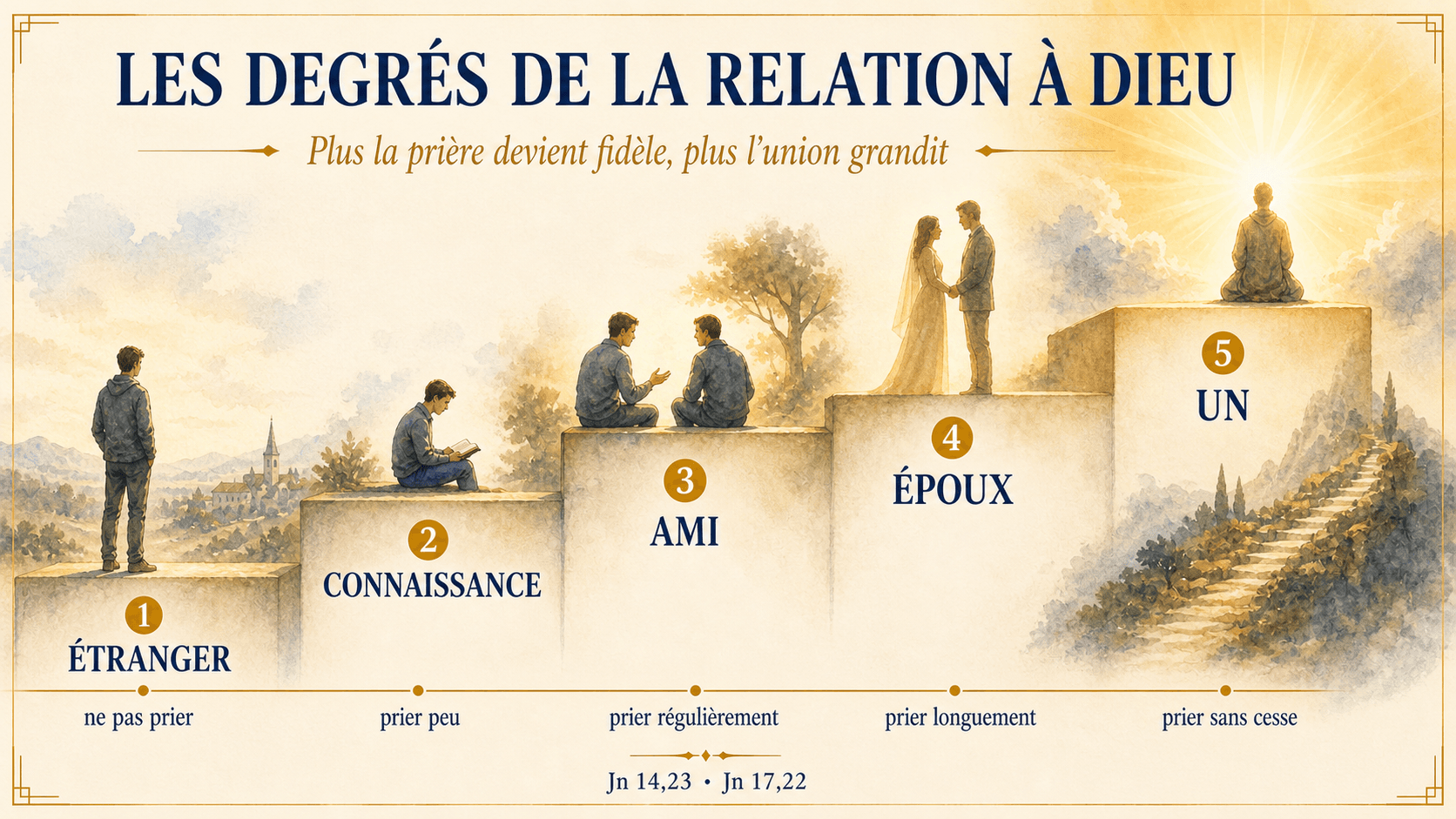 Infographie présentant les cinq degrés de la relation à Dieu : étranger, connaissance, ami, époux, un