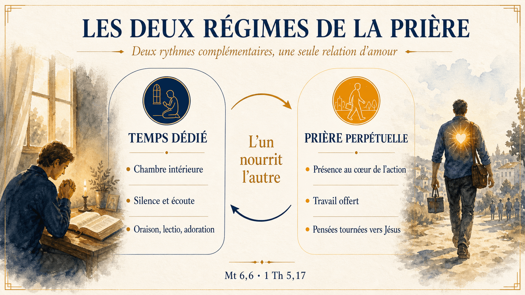 Infographie expliquant les deux régimes de la prière chrétienne : temps dédié et prière perpétuelle