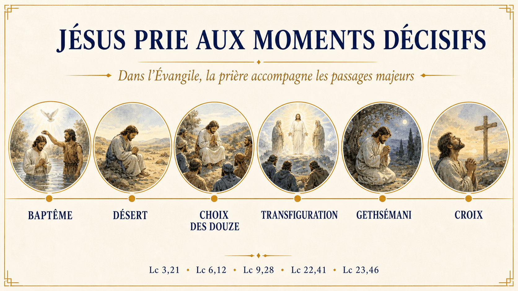 Frise verticale des moments où Jésus prie dans les évangiles : baptême, désert, Douze, Transfiguration, Gethsémani et Croix